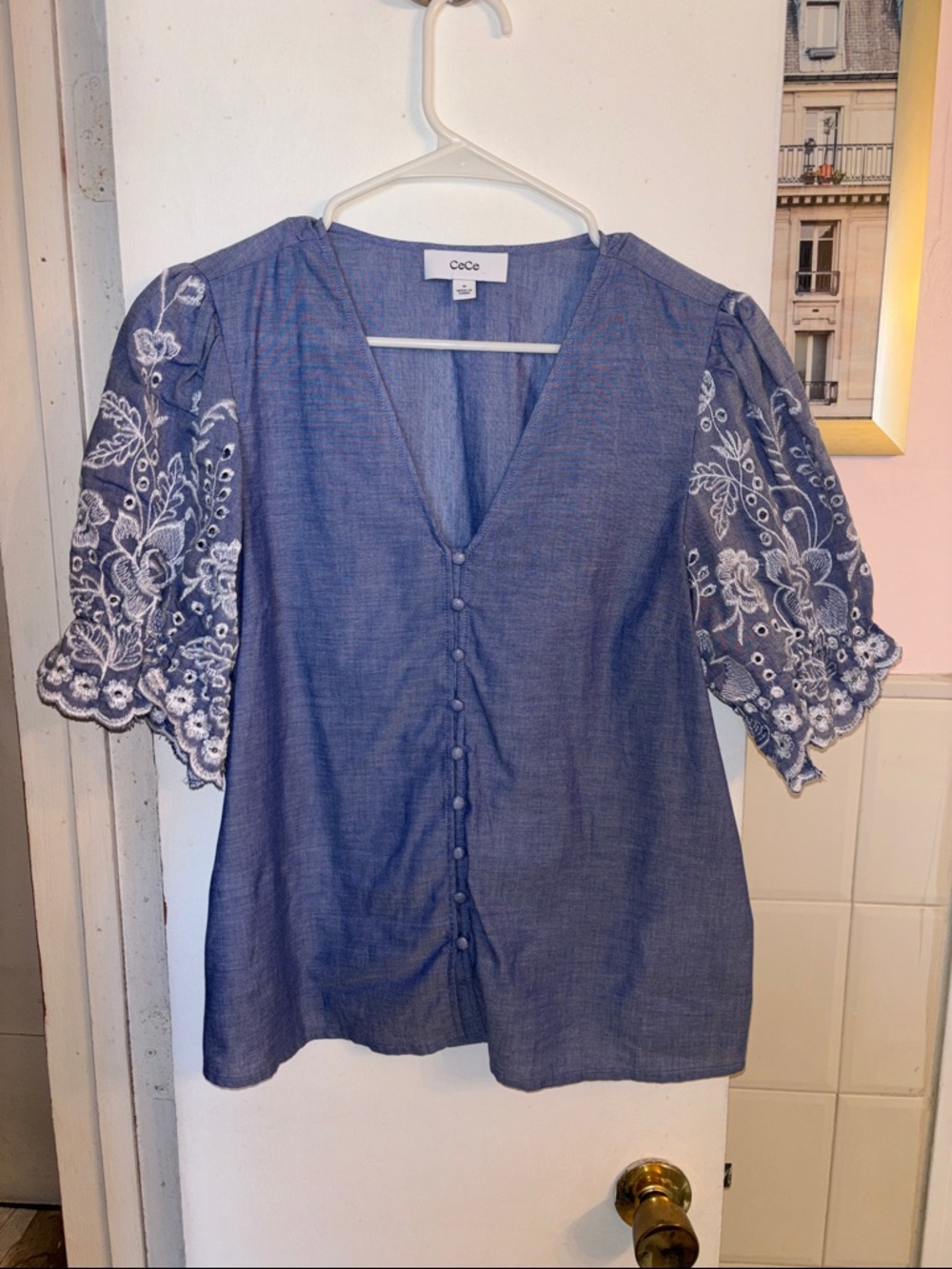 CeCe Blue Chambray V-Neck Button Blouse with Embroidered Puff Sleeves